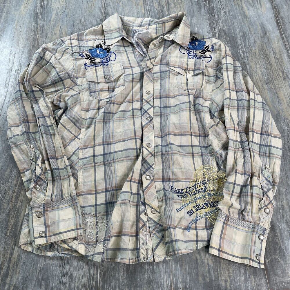 Johnny Was Cream, Blue and Tan Plaid Embroidered Button-Down Shirt